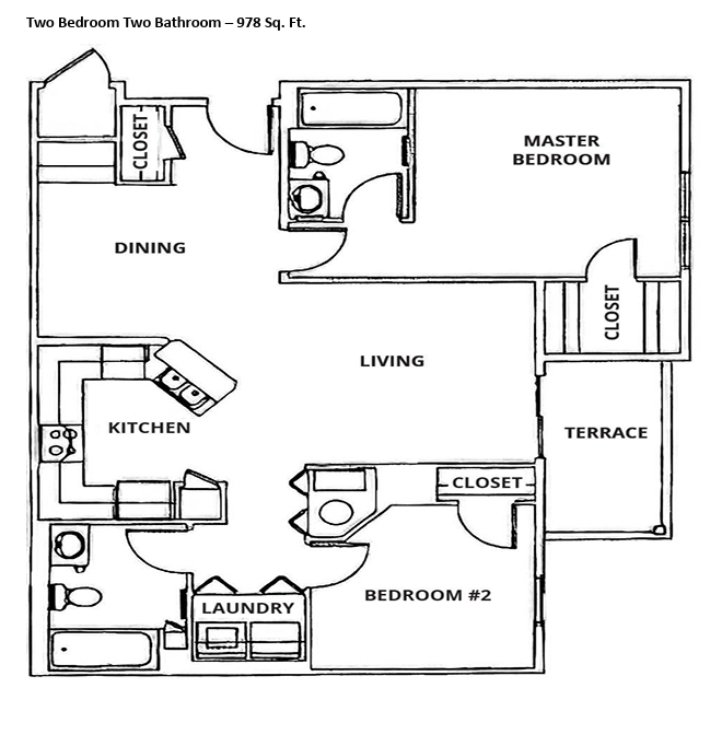 Floor plan for 2 beds, 2 baths, 978 sqft